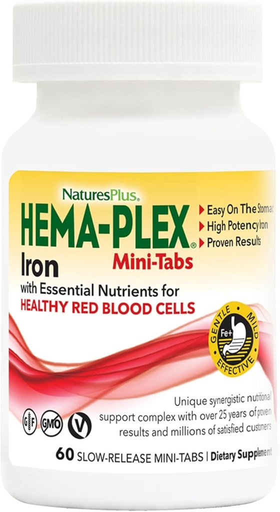 NaturesPlus Hema-Plex Iron - 60 Slow-Release Mini-Tabs - 85 mg Chelated Iron - Total Blood Health - C & Bioflavonoids - Vegan, Gluten Free - 30 Servisler