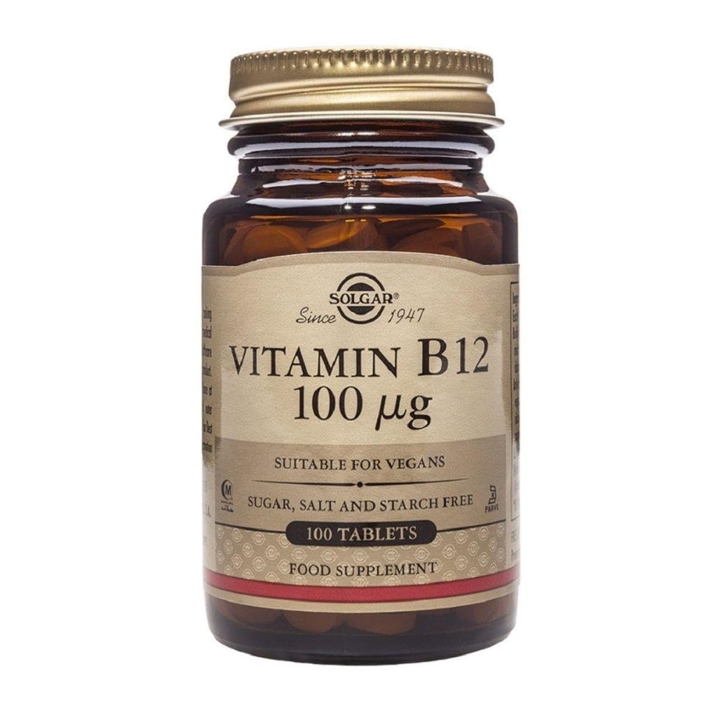 Solgar Vitamin B12 100 mcg - 100 Tablets - Ενεργειακός Μεταβολισμός & Υποστήριξη νευρικού συστήματος - Μη ΓΤΟ, Vegan, Γλουτένη & Γαλακτοκομικά, Kosher, Hanal - 100 Σερβιέτες