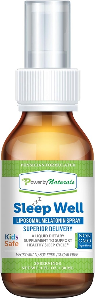 Power By Naturals - Sleep Well - Liposomal Melatonin Spray - 3 Milligrams of Melatonin for Kids and Adults, 30 Servings
