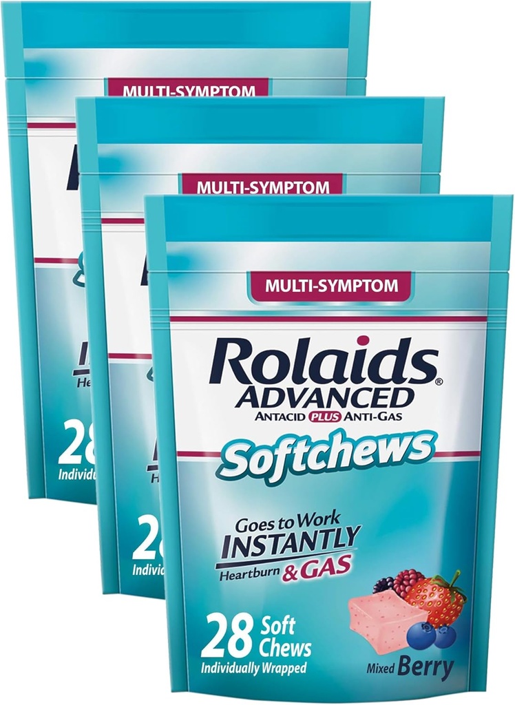 Rolaids Gelişmiş Antacid Plus Anti-Gas Softchews, 28 Kont, Karma Berry, Kalpburn ve Gaz Yardımı (Pazar 3)