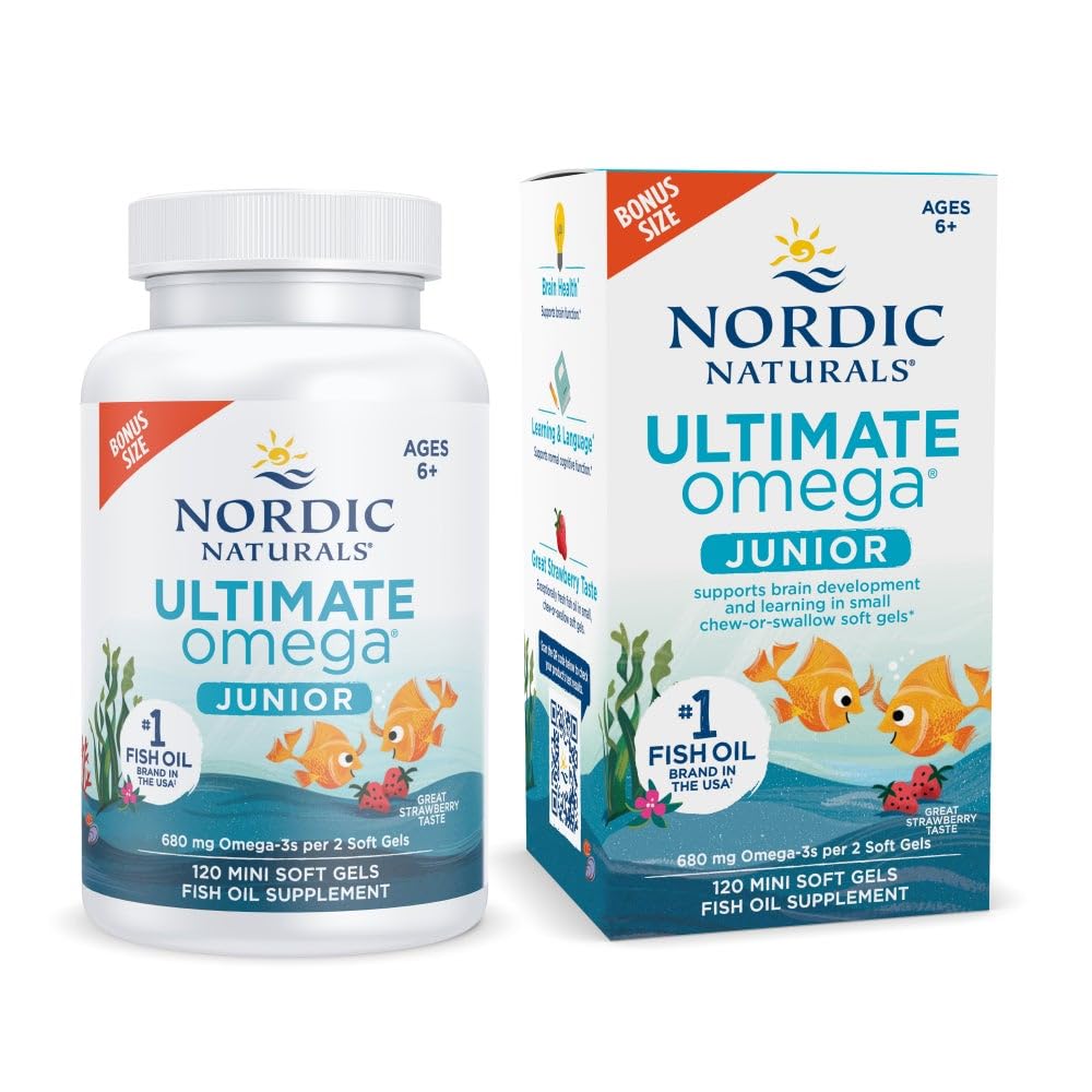 Kuzey Naturals Ultimate Omega Jr., Strawberry - 120 Mini Soft Gels - 680 EPA & DHA - Beyin Sağlığı, Mood, Öğrenme - GMO - 60 Hizmet