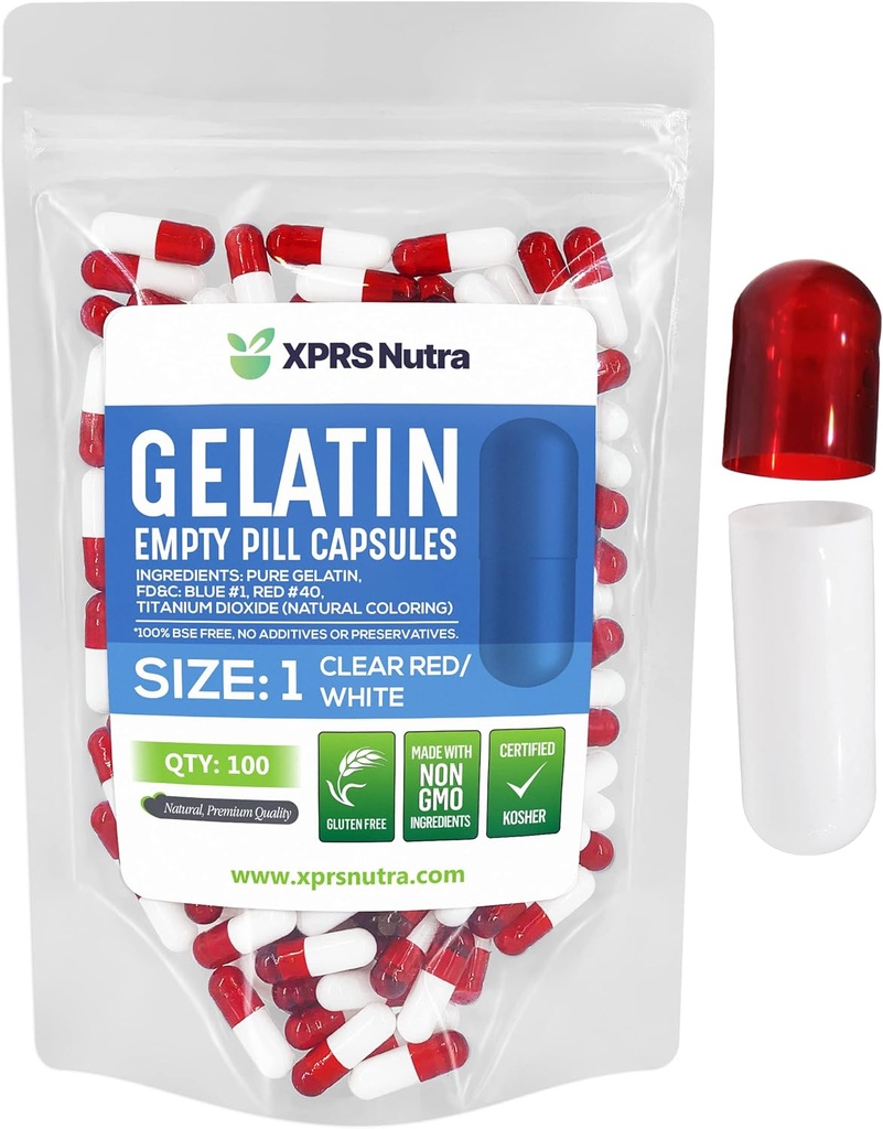 XPRS Nutra Μέγεθος 1 Κενές κάψουλες - 100 Count Empty Gelatin Κάψουλες - Χάπια DIY Καψάκιο Γέμισμα - Καθαρά καπάκια τζελ για τα χάπια Bovine Gel Do-It-Yourself Συμπληρώματα (Καθαρό κόκκινο/λευκό)
