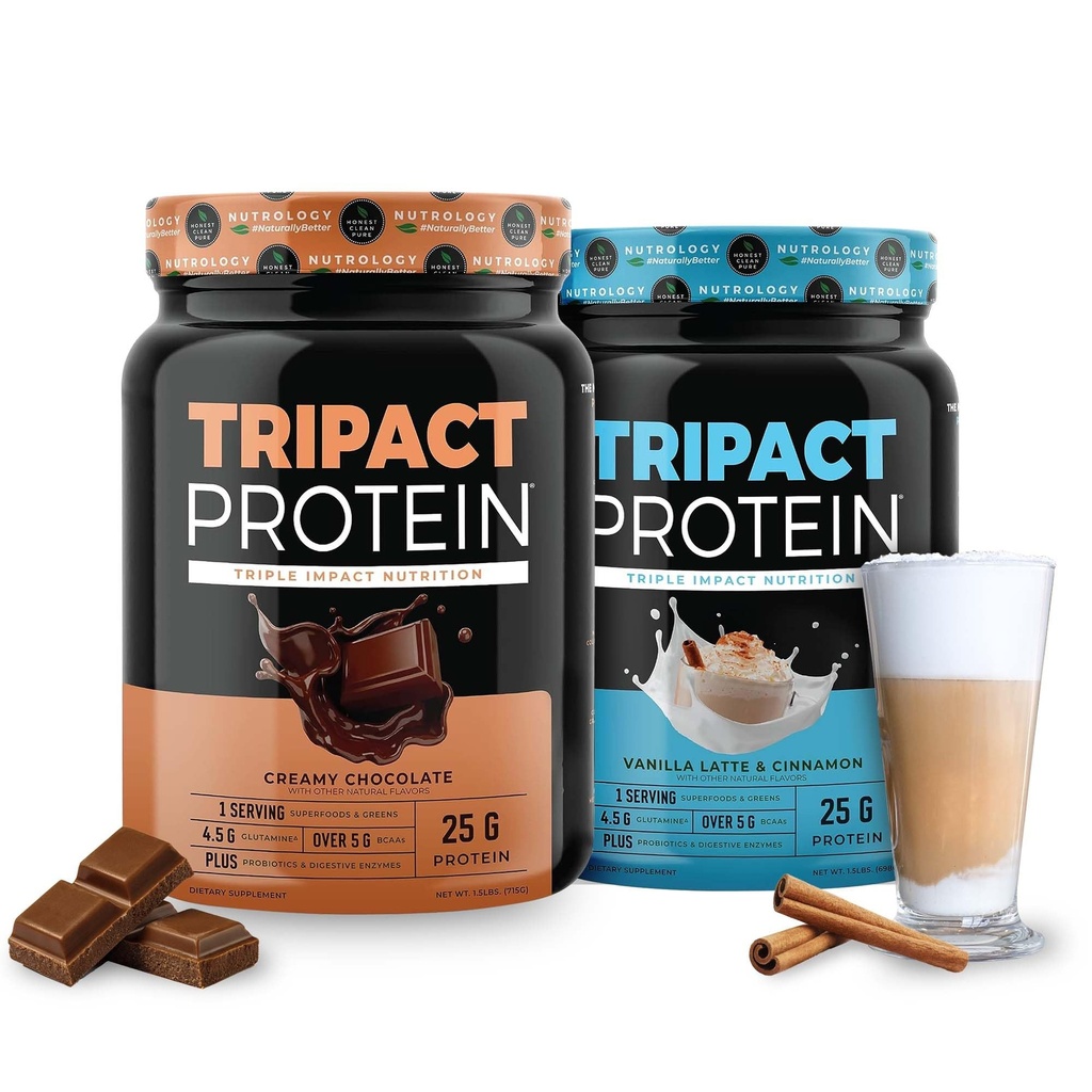 Nutrology TRIPACT Protein - Premium Beslenme Shake - Non-GMO Grass Fed Whey proteini,Plant proteinler,Greens, Superfoods & Probiyotiks - 5g BCAAs - Creamy & Chocolate VanillaLatte w/Cinnamon 1.5lb Her biri her
