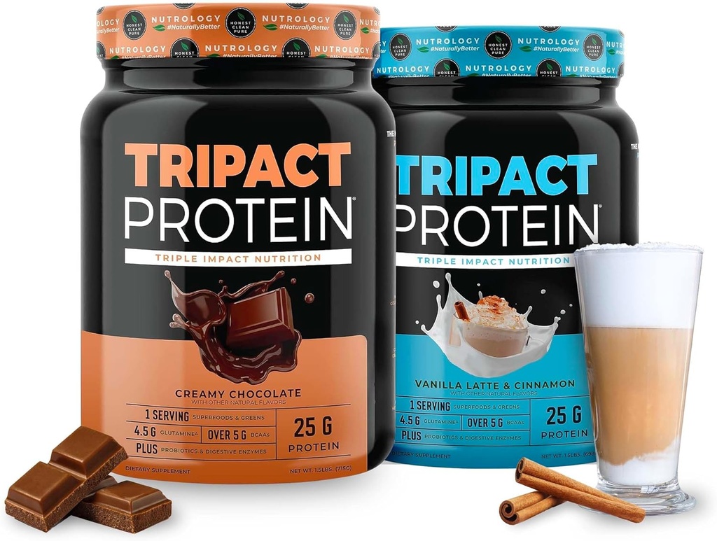 Nutrology TRIPACT Protein - Premium Beslenme Shake - Non-GMO Grass Fed Whey proteini,Plant proteinler,Greens, Superfoods & Probiyotiks - 5g BCAAs - Creamy & Chocolate VanillaLatte w/Cinnamon 1.5lb Her biri her