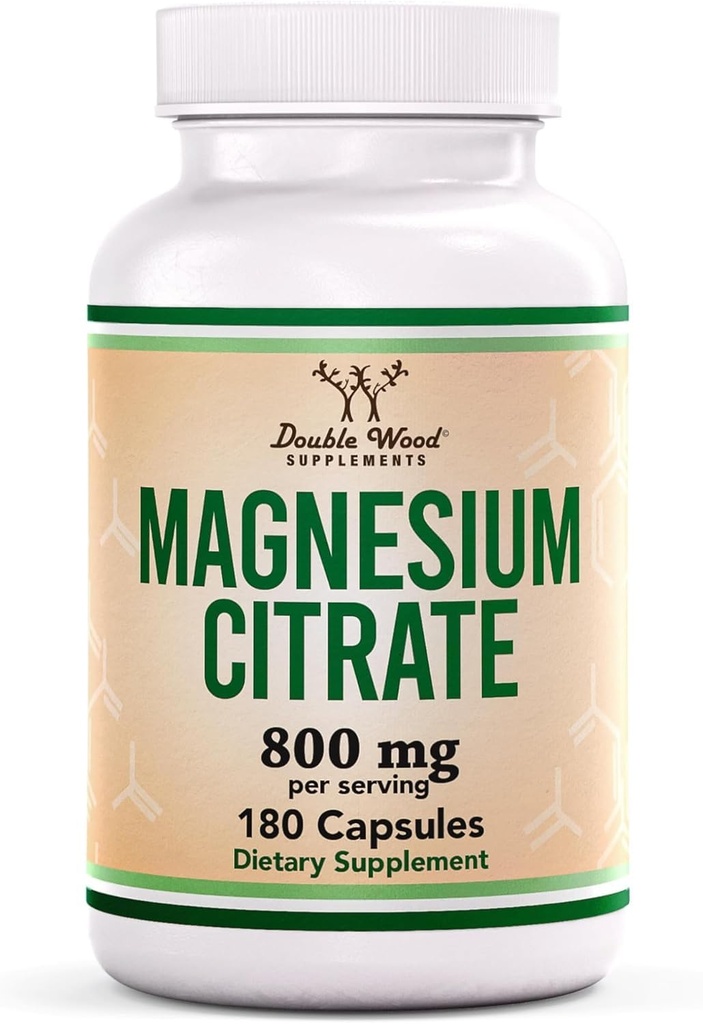 Magnezyum Citrate 800 mg, 180 Capsules, Digestion & Constipation Support, Vegan Safe, Non-GMO, Double Wood Supplements