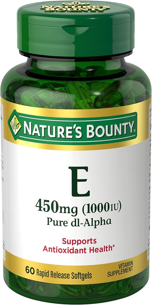 Nature's Bounty Vitamin E 1000 IU Softgels, Supports Antioxy Health & Immune System, 1 Günlük hizmet, No Gluten, 60 Softgels (Pack of 1)