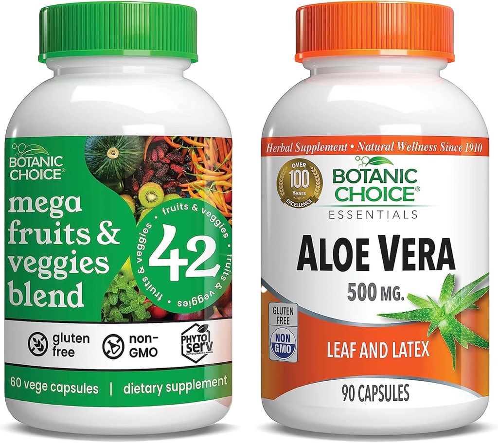 Botanic Choice Mega Fruits and Veggies Mix (60 Capsules) + Aloe Vera (90 Capsules) Sche - Enerji Denge & Superfood Supplement + Digestive Health Support & Superfood Supplement + Digestive Health Support