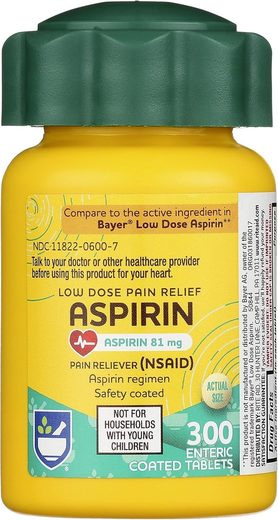 Rite Aid aspirin Kapic Tabletler, 81 mg aspirin - 300 Kont, Low Dose Ağrı Yardımı, Baş Ağrı Yardımı için aspirin, İnic Safety Kaplama Tabletleri, aspirin Regimen, Migraine Tıp, Ağrı Yardımı