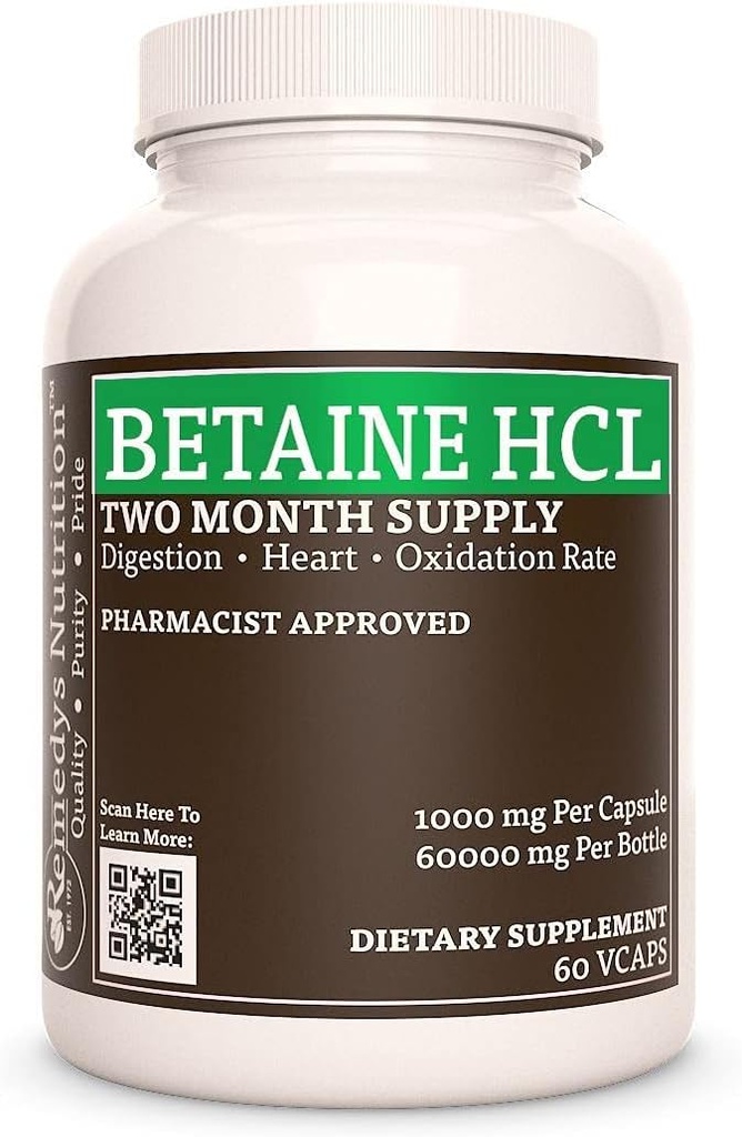 Remedy'nin Beslenme Betaine HCL (Hydrochloride) | 1000 mg, 60 Capsules Diyet Supplement | Two Moon Supply | Ayrıca Containsuba Carbonate, Papain & Bromelain