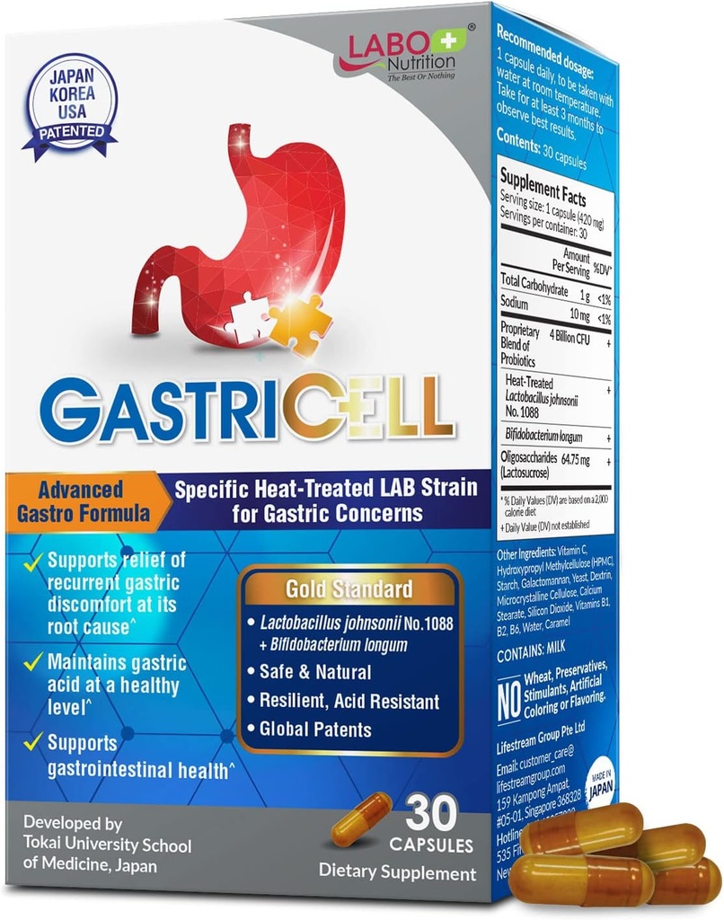 LABO Διατροφή GASTRICELL - Acid Reflux, Heartburn, επαναλαμβανόμενη γαστρική δυσφορία, φυσική άμυνα κατά της γαστρικής διαταραχής 30 κάψουλες
