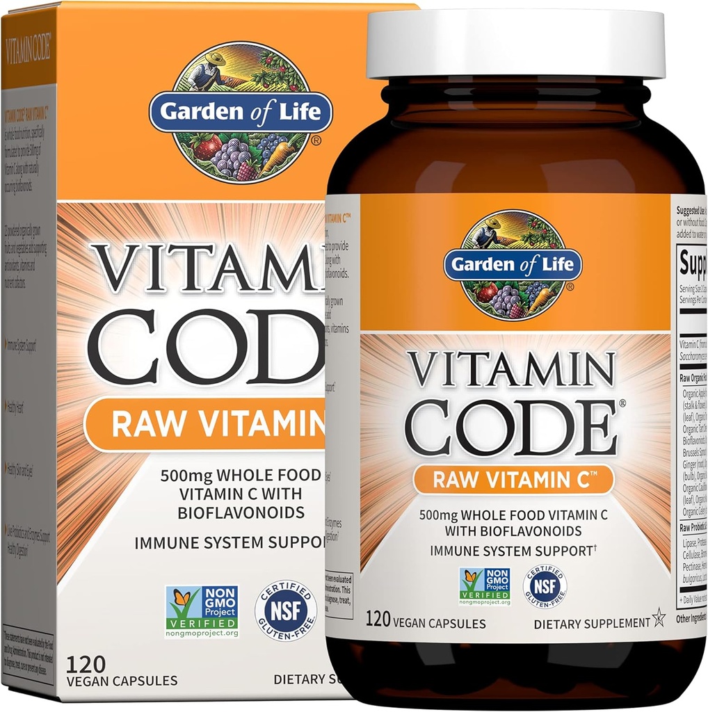 Life Vitamin Kodu Raw C - 120 Capsules, 500 mg Tüm Gıda C Capsules + Meyve & Veggie Mix & Probiyotikler, Yetişkinler için Tamamlar, Vegan, Gluten Free