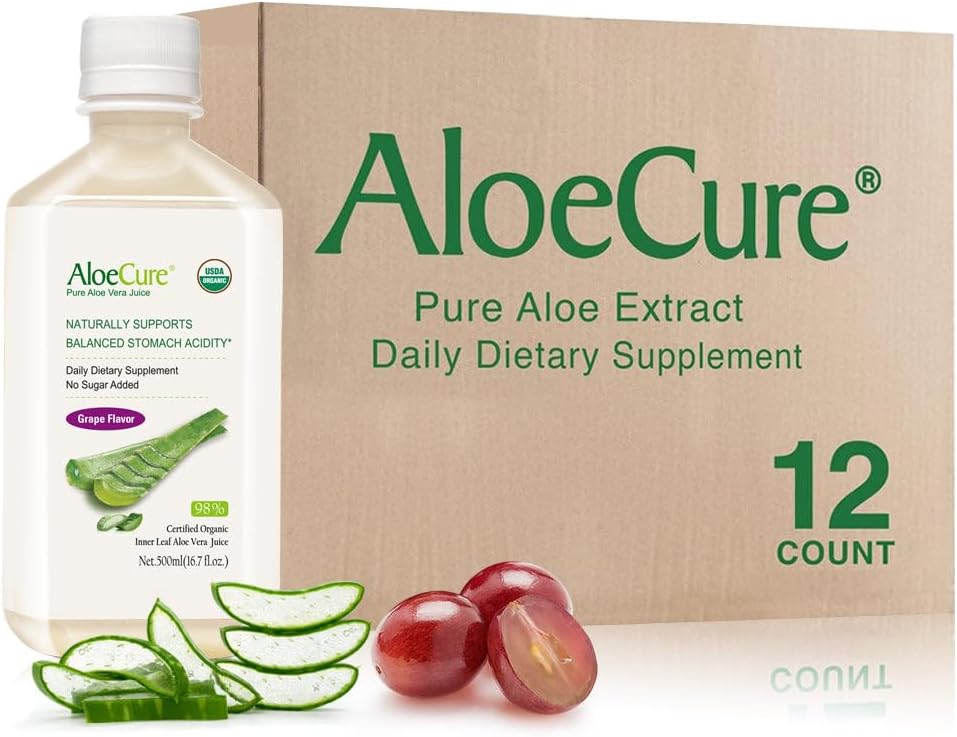 AloeCure USDA Organic Aloe Vera Juice Grape Flavor, Made Within 12 Hours of Harvest - Pure Aloe Vera Digestive & Immune Health Supplement, Helps Maintain Balanced Stomach Acidity, 16.7oz x 12 Btls