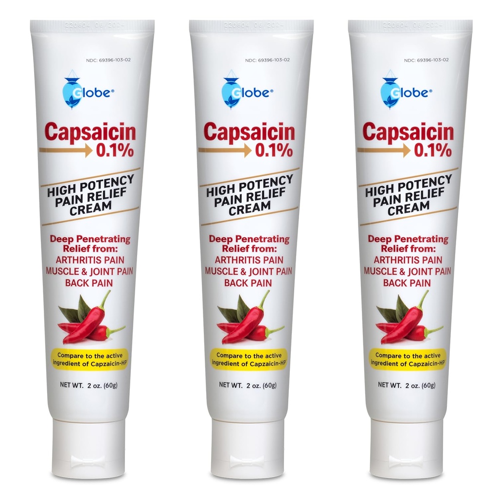 Globe (3 Pack) Capsaicincin 0.1% Yüksek Potency Pain Relief, Unscented (2 oz) Deep Penetating Relief from: Arthritis, Muscle, Joint and Back Pain Pain