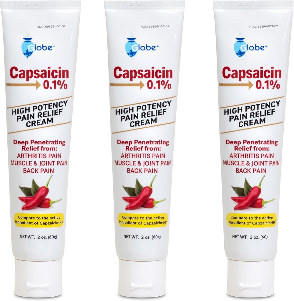 Globe (3 Pack) Capsaicincin 0.1% Yüksek Potency Pain Relief, Unscented (2 oz) Deep Penetating Relief from: Arthritis, Muscle, Joint and Back Pain Pain