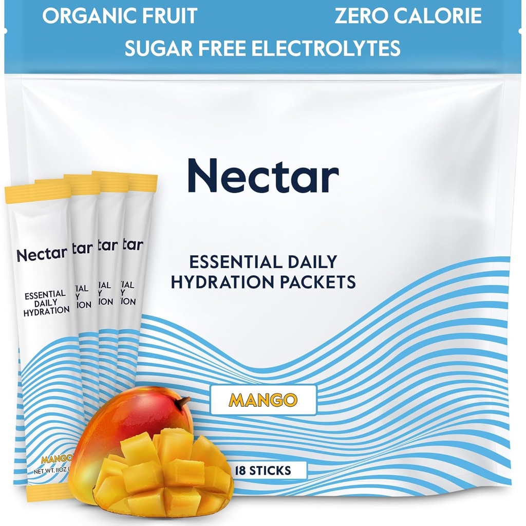 Nectar Hydration Packets - Electrolytes Toz Paketleri - Sugar Free & 0 Calorie - Organik Meyve Sıvı Günlük IV Hydrate Sticks for Dehidr Relief & Rapid Rehidr (Mango 18 Pack)