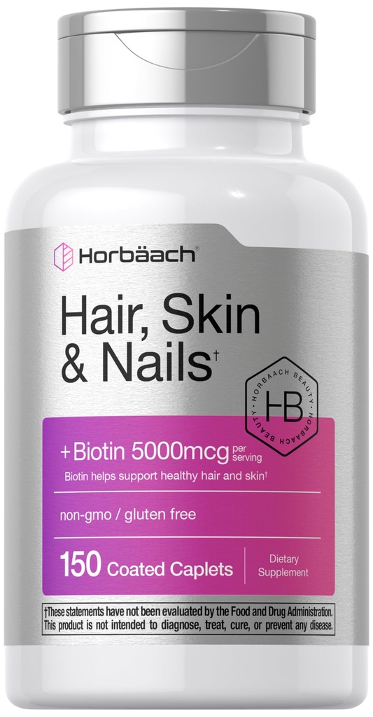 Horbäach Hair Skin ve Nails Vitaminleri | 150 Caplets | Biotin ve Collagen | Tamam for Women and Men | Non-GMO, Gluten Free