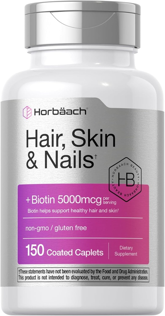 Horbäach Hair Skin ve Nails Vitaminleri | 150 Caplets | Biotin ve Collagen | Tamam for Women and Men | Non-GMO, Gluten Free