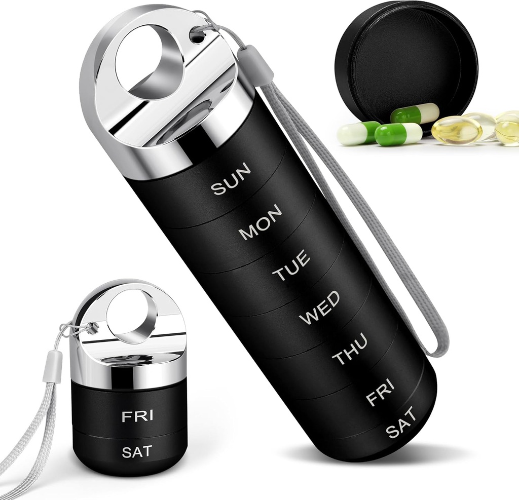 TaroKitc Metal Haftalık Pill Organizer, Şık Alüminyum Mutfak Pill Box, Portatif Su geçirmez Günlük Pill Vakası, 7 Günlük Tıp Derecesi Vitamin için Büyük Karşılaştırmalı, Balık Yağı, Tamam (Black)