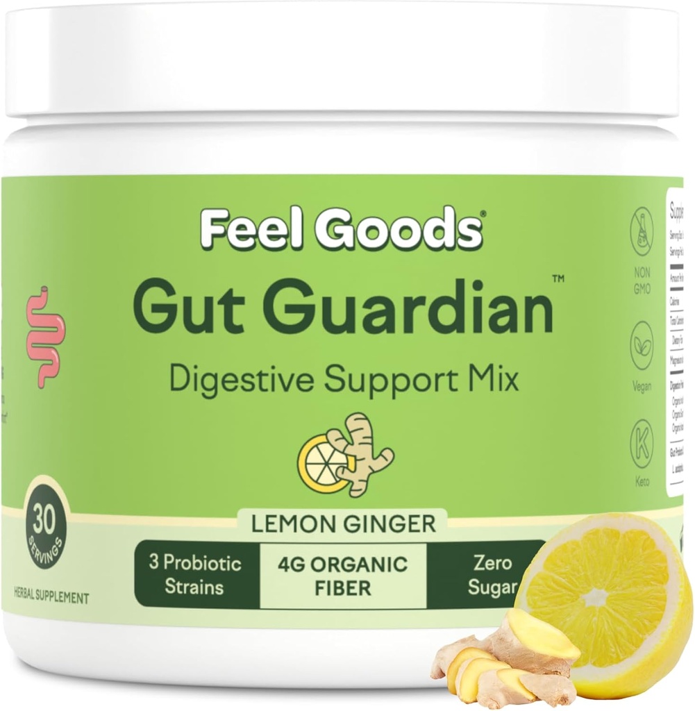 Goods Gut Guardian, Organik Fiber, Probiyotik & Prebiyotik Toz, Sugar Free, Herbs for Bloat, Gut Health Support, Digestive Health for Men & Women, Non GMO, Vegan, Lemon Ginger, 30 Servisler