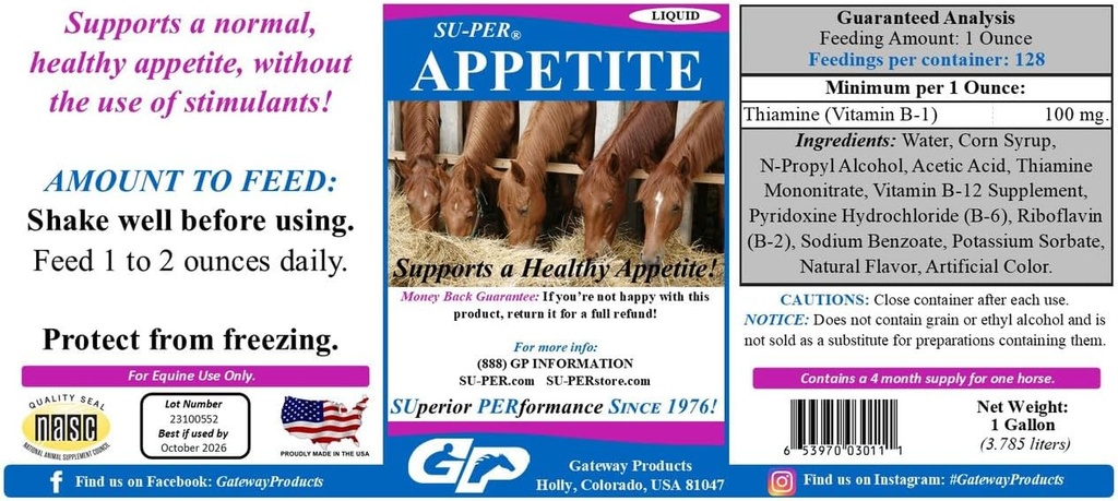 SU-PER Atlar için Tamam - Equine Appetite ATM Sıvı Feed Supplement - Sağlıklı Appetite için Vitamin Desteği - 1 Gallon, 4 Ay Supply