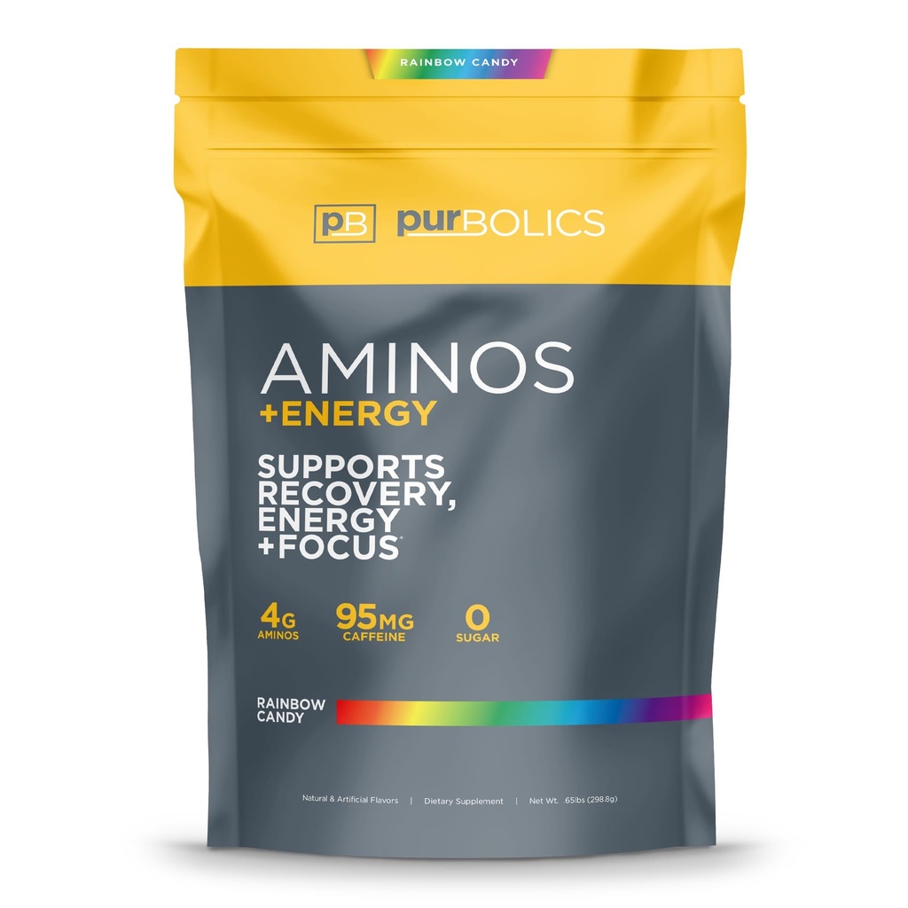 Purbolics Aminos + Energy | Supports Recovery, Energy & Focus | 95mg of Caffeine, 0 Sugar & 60 Servings (Rainbow Candy)
