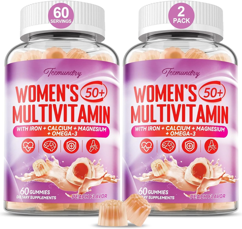 Kadınlar için Multivitamin Gummies 50 Plus - Omega 3, Coenzyme Q10, Iron, Kalsiyum, çinko, A, C, D3, E, K2, B Kompleks, Folate - Enerji için Çok Vitaminler ve Mineraller, Güzellik, Immune, Sugar Free