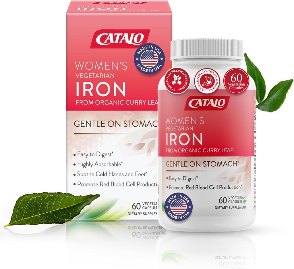 CATALO Iron Supplement for Women with Organic Curry Leaf - Gentle, High Absorption, Vegetarian-Friendly, Stomach-Easy Formula - 60 Tablets