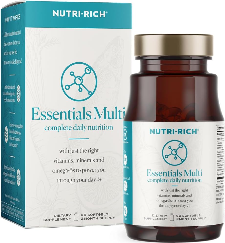 Nutri-Rich Essentials Multi | Fish Oil Omega-3 for Men and Women, Supports Energy, Immune Health, A, C, D3, E, K2 ve çinko, Non-GMO, Gluten Free (60 Kont)