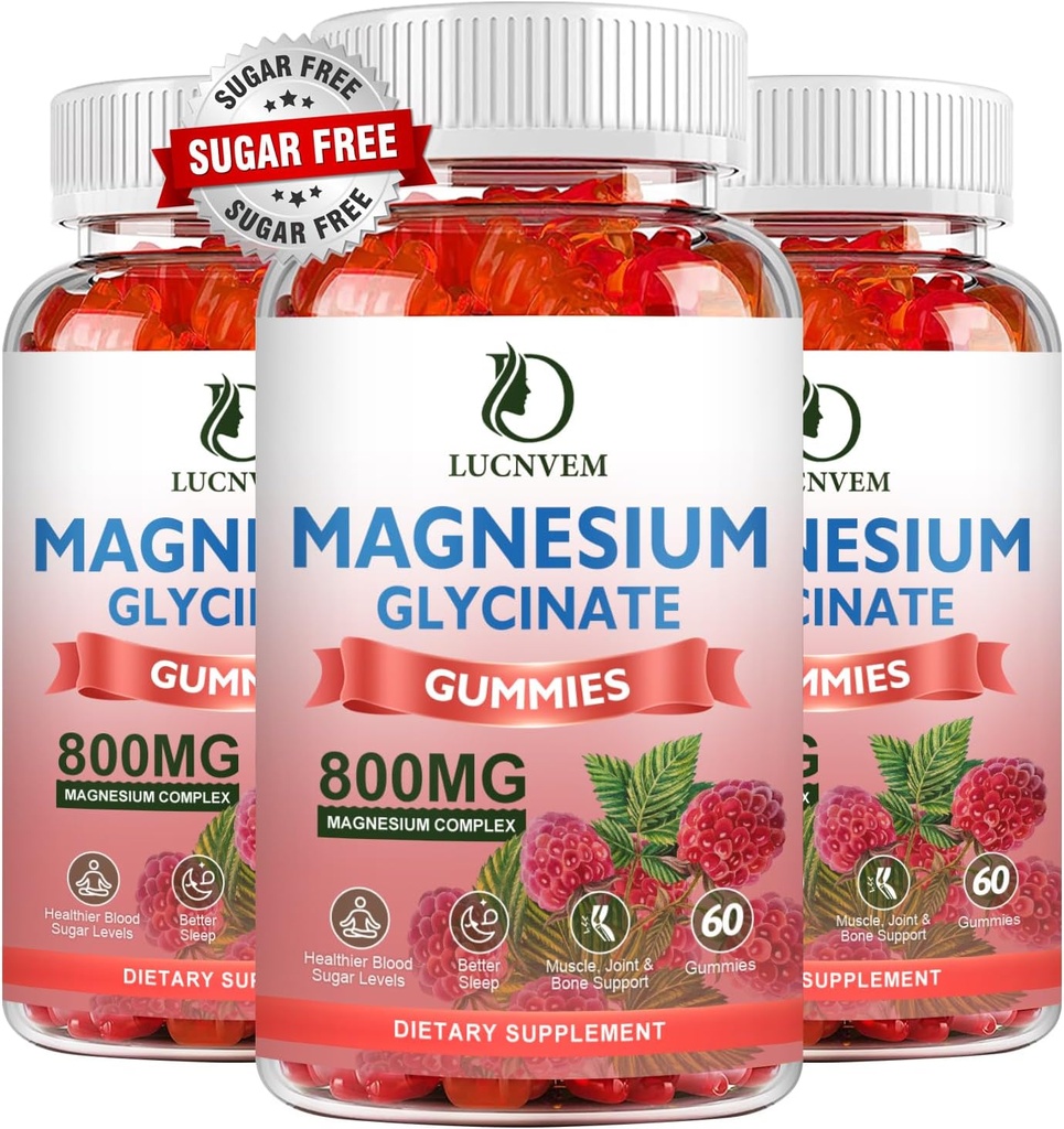 Χωρίς ζάχαρη Γλυκινικό Μαγνήσιο Glycinate Gummies, 500mg Γλυκινικό μαγνήσιο με 200mg Μαγνήσιο Ελάτ, Ταυρικό, Οξείδιο, COQ10, Βιταμίνη Β6 και D3, Χαλάρωση, Ήρεμη Mood, 60 Raspberry Gummies(3 Pack)
