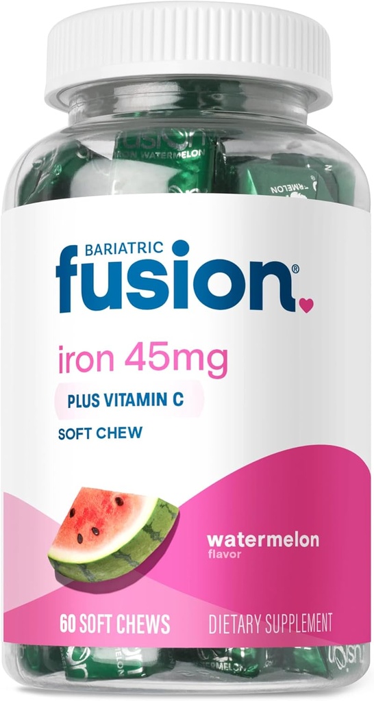 Bariatrik Fusion Iron Supplement for Women Anemia | Chewable Iron with Vitamin C | Watermelon Flavored Soft Chew | Stomach Ferrous Fumarate for Women and Men | Gluten Free | 60 Count