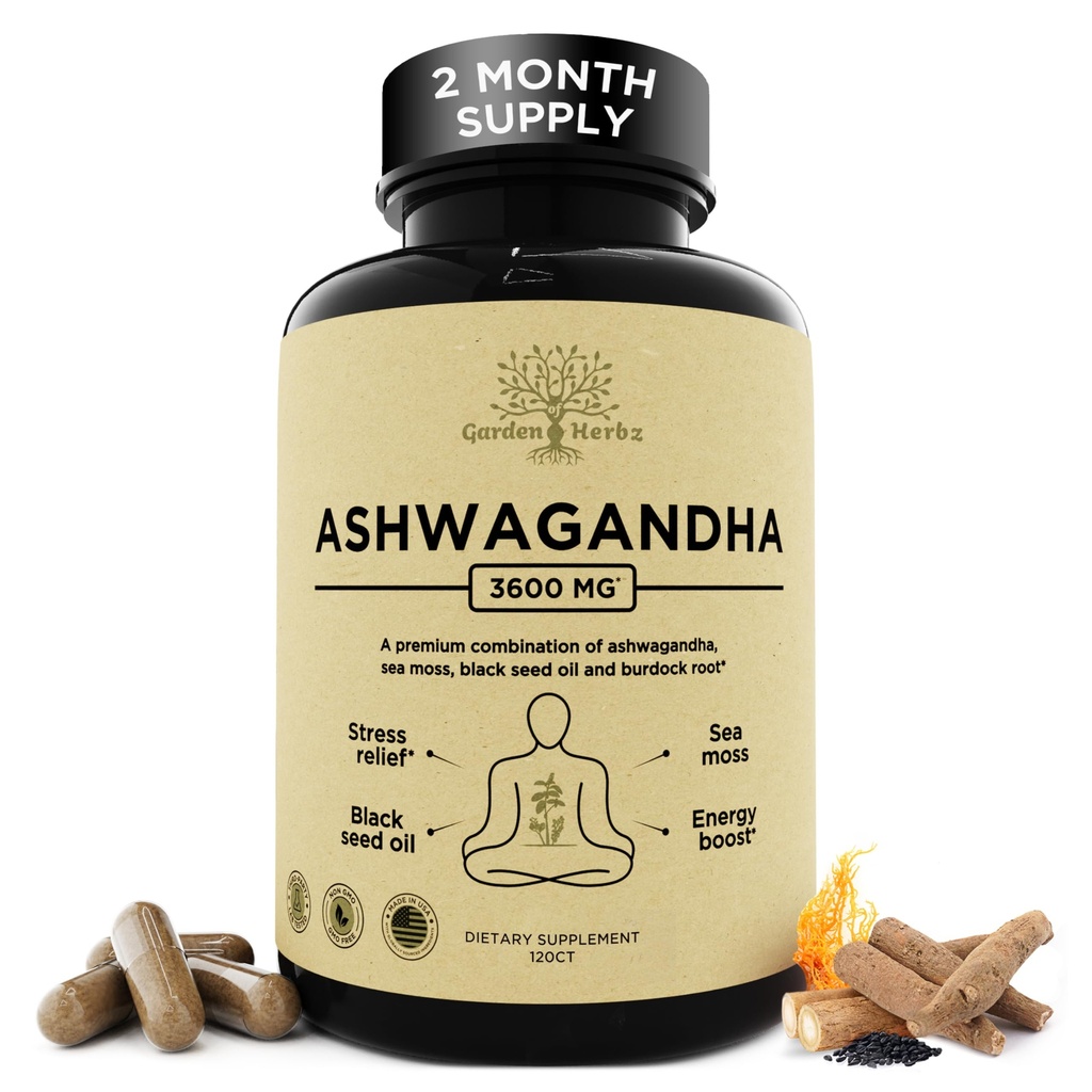 Organik Ashwagandha Root & Irish Sea Moss – 3,600 mg Ashwagandha Supplement with Black Seed Oil, & Burdock Root – Herbal Supplement for Energy, Calm, Mood, & Wellness, 120 Caps