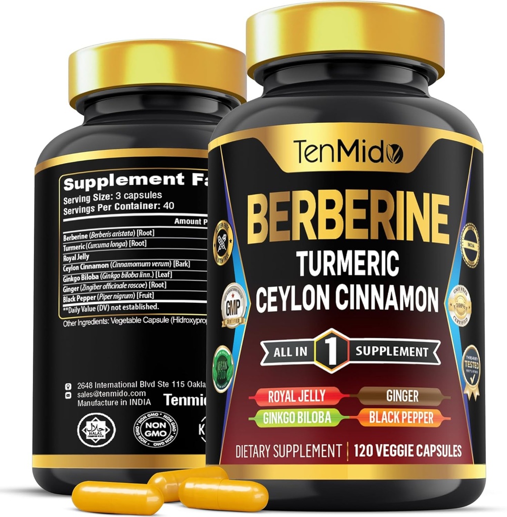 Berberine Supplement - 7in1 Formula - Turmeric, Royal Jelly, Ceylon Cinnamon, Ginkgo Biloba, Ginger & Black Pepper - Digestive Health, Immune Support - 120 Capsules