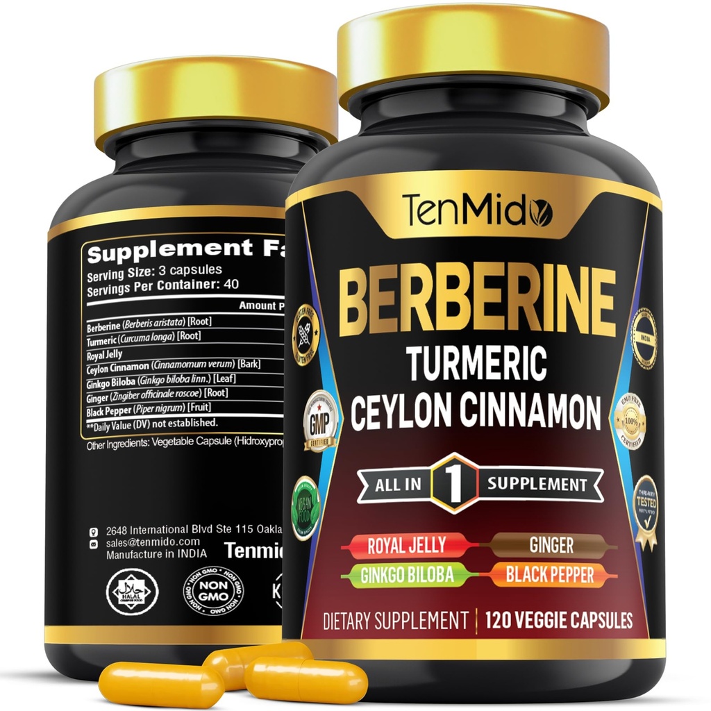 Berberine Supplement - 7in1 Formula - Turmeric, Royal Jelly, Ceylon Cinnamon, Ginkgo Biloba, Ginger & Black Pepper - Digestive Health, Immune Support - 120 Capsules