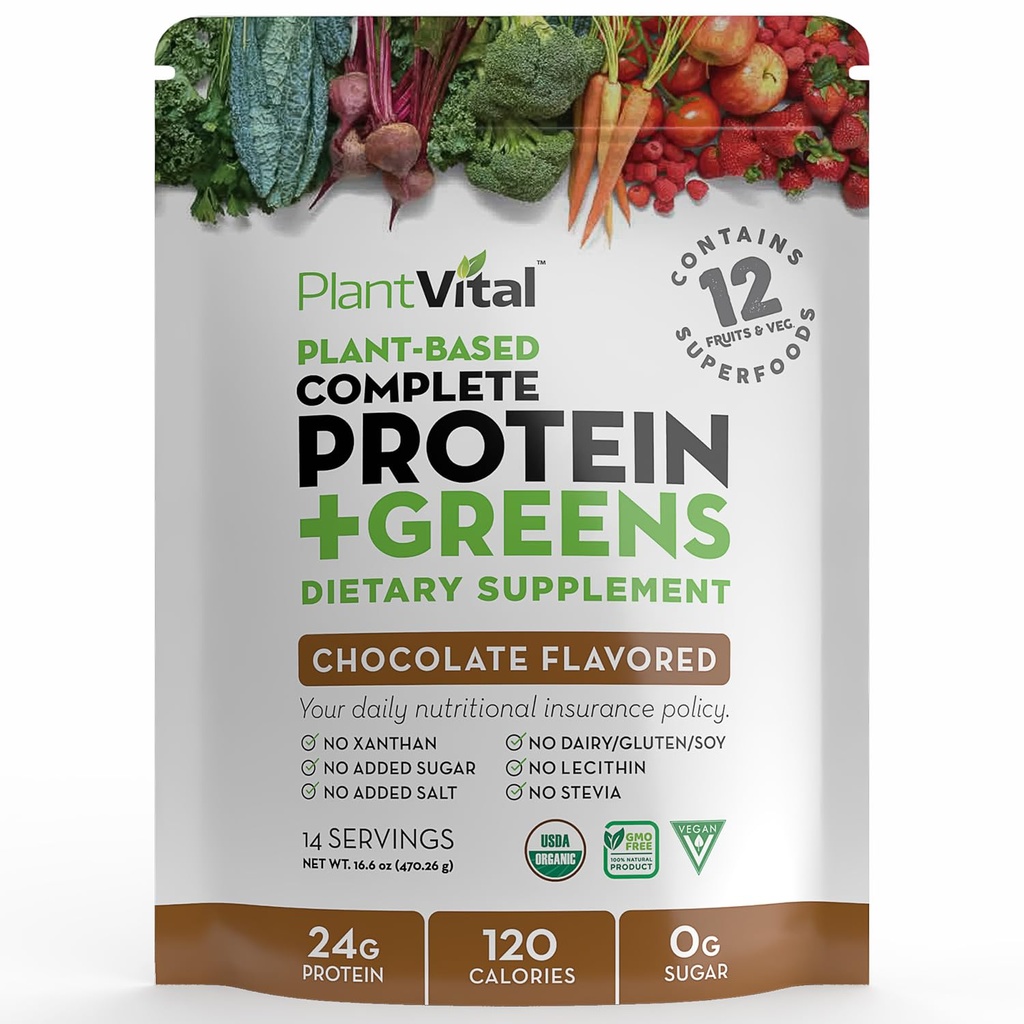 Plantvital Vegan Protein Powder Plant Based, Οργανική Πρωτεϊνική Σκόνη Σοκολάτα 24g/0g Ζάχαρη, 12 Superfoods, Veggies, Probiotics, Raw Cocoa, Kale, Beets, Spirulina, Pea, Gluten-free, Keto-Friendly,16oz