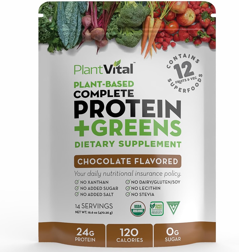 Plantvital Vegan Protein Toz Santrali Temel, Organik Protein Toz Çikolata 24g/0g Sugar, 12 Superfoods, Veggies, Probiyotikler, Raw Cocoa, Kale, Beets, Spirulina, Pea, Gluten-Free, Keto-Friendly,16oz
