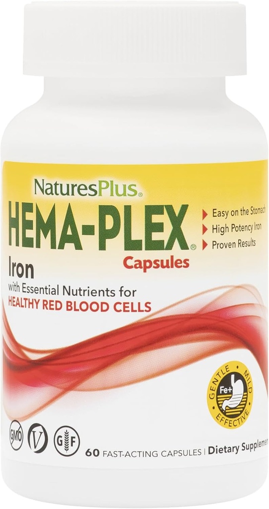 NaturesPlus Hema-Plex Iron - 60 Κάψουλες ταχείας δράσης - 85 mg Χηλικός σίδηρος + Βιταμίνη C & Βιοφλαβονοειδή για υγιή ερυθρά αιμοσφαίρια - Vegan, Χωρίς γλουτένη - 30 Σερβιέτες