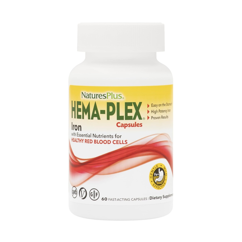 NaturesPlus Hema-Plex Iron - 60 Hızlı Odaklı Kapsüller - 85 mg Chelated Iron + Vitamin C & Bioflavonoyaklar Sağlıklı Kırmızı Kan Hücreleri - Vegan, Gluten Free - 30 Hizmetler