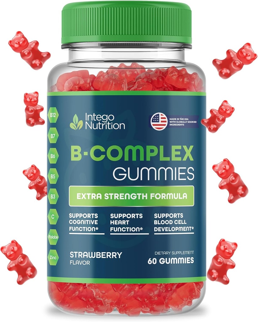 Vitamin B Complex Gummies για ενήλικες, B Complex συμπλήρωμα βιταμίνης για γυναίκες και άνδρες, Β Βιταμίνες Σύμπλεγμα Gummies για την ενέργεια και την υγεία του εγκεφάλου, φυσική γεύση φράουλα, 60 Count