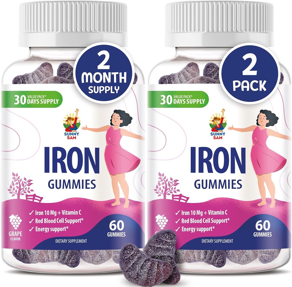 SUNNY SAM Iron Gummies for Kids & Adults - Iron Vitamins with Vitamin C, 10mg per Serving - Chewable Fruit Gummy for Immune Support Red Blood Cell Production