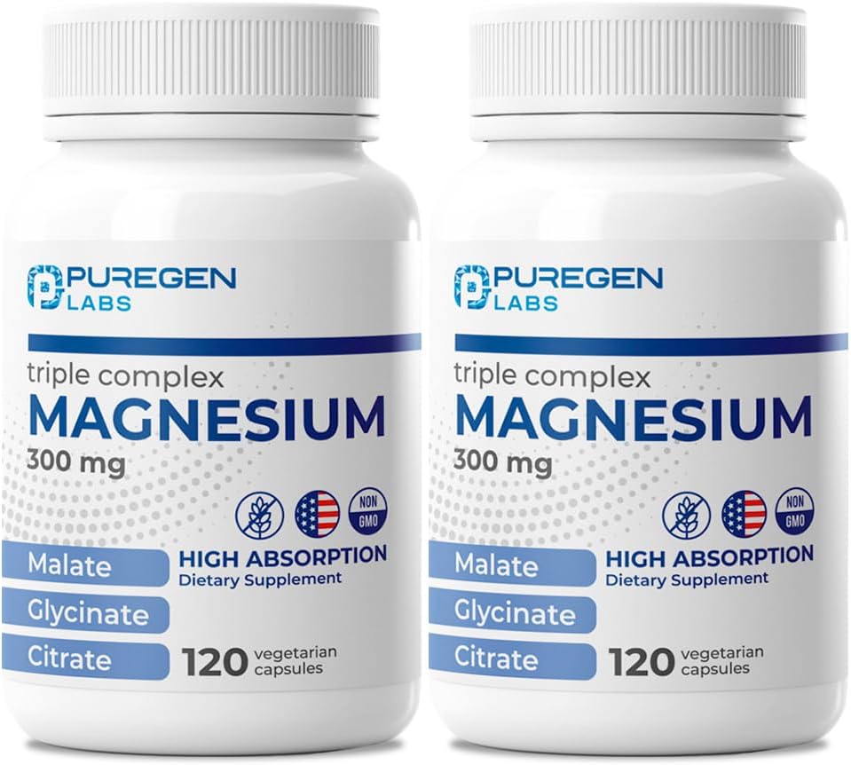 Puregen Labs Triple Magnesium Complex 300mg Μαγνήσιο Γλυκινικό, Μηλεϊνικό, & Κιτρικό [Υψηλή Απορρόφηση] Σύνολο 240 Veg Κάψουλες 