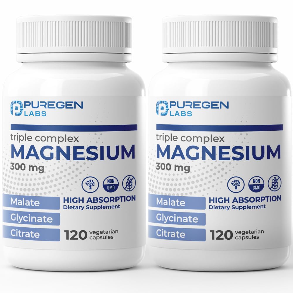 Puregen Labs Triple Magnesium Complex 300mg of Magnesium Glycinate, Malate, & Citrate [High Absorption] Total 240 Veg Capsules | No Harmful Additives | Non-GMO, NO Gluten and Dairy