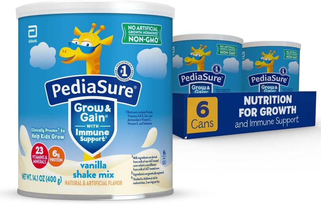 PediaSure Grow & Hold with Immune Support Shake Mix Toz, 23 Vitamins & Minerals, 6g Protein, Non-GMO, Gluten-Free, Kids, Vanilla, 14.1 oz Can, 648 hizmet paketi