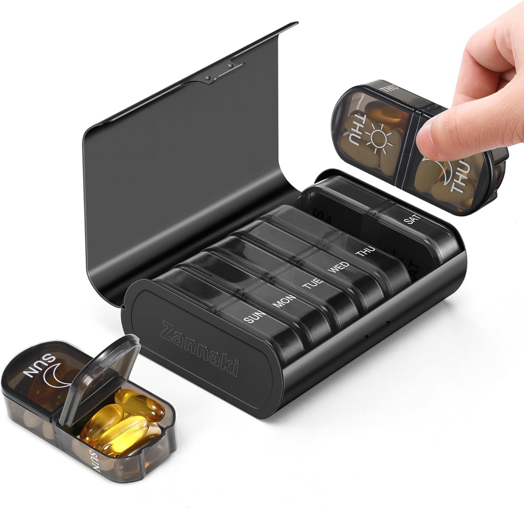 Zannaki Metal XL Haftalık Pill Organizer 2 Zaman Bir Gün Büyük Seyahat Günlük Pill Box 7 Gün, Portatif Hafta İki Pill Sahibi Konteyner, AM PM Pill Case for Medicine Vitamin Drug Supplement, Black