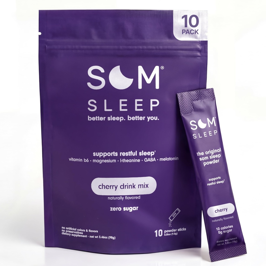 Som Sleep, Restful Sleep Toz İçecek Mix w/Melatonin, Magnezyum B6, L-Theanine & GABA – Vegan, Zero Sugar, Keto Friendly – Cherry, 10Pack