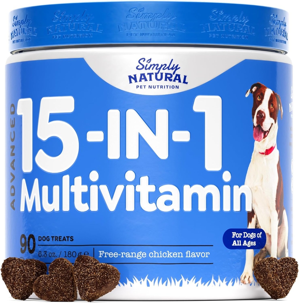15in-1 Dog Multivitamin, Dog Vitamins ve Supplements for All Ages and Breeds to Support Immune System, Health Coat and Skin, 90 Chews of Chicken Flavor Dog Supplements & Vitamins