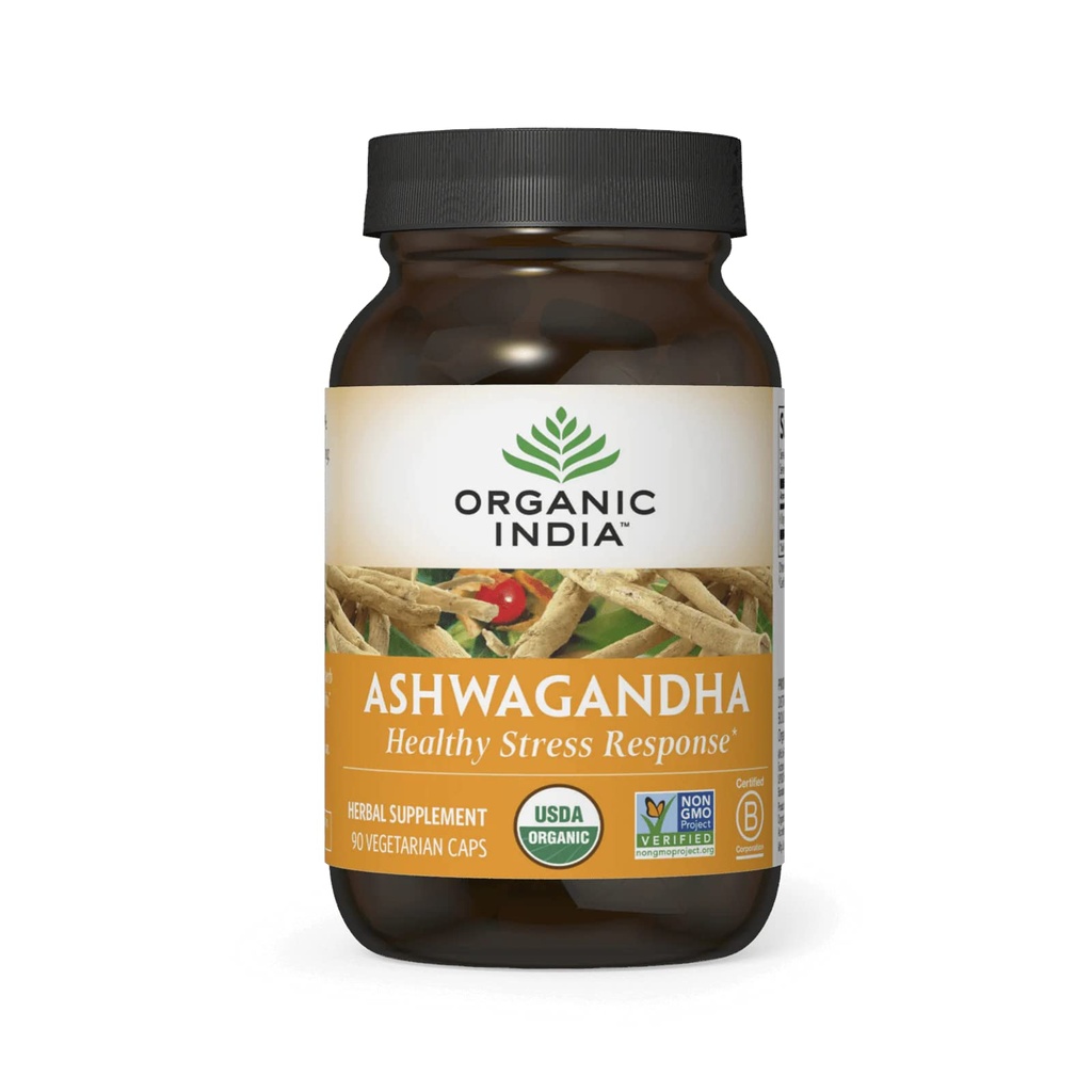ORGANIC INDIA Ashwagandha Capsules - Organik Ashwagandha Supplement - Vegan Ashwagandha Root, Gluten-Free, Kosher, Non-GMO, Supports Stress Relief, Energy, and Sleep - 90 Capsules