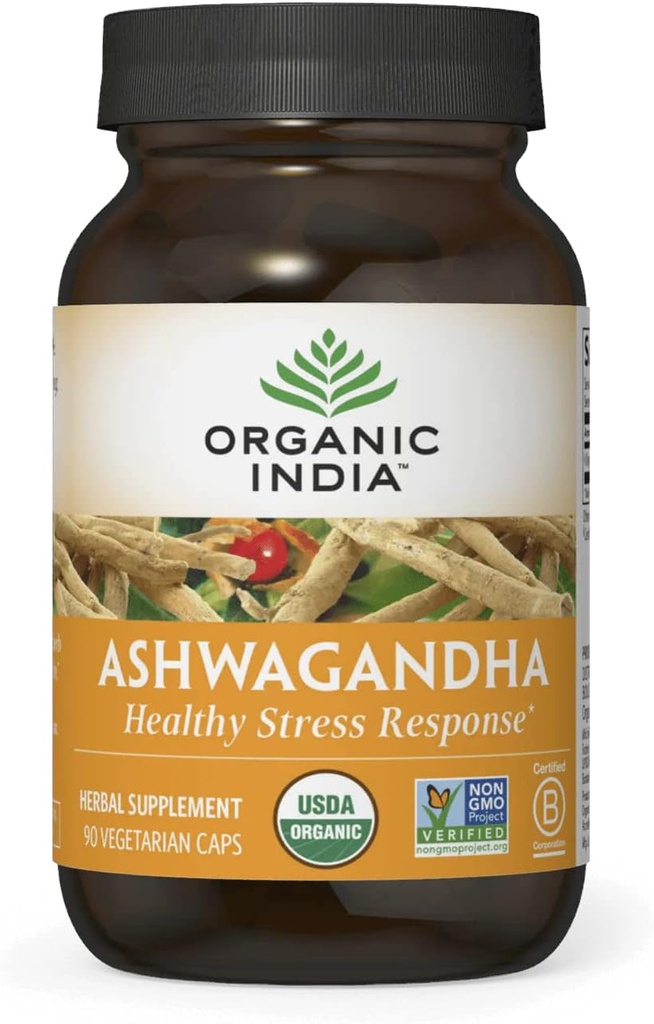 ORGANIC INDIA Ashwagandha Capsules - Organik Ashwagandha Supplement - Vegan Ashwagandha Root, Gluten-Free, Kosher, Non-GMO, Supports Stress Relief, Energy, and Sleep - 90 Capsules