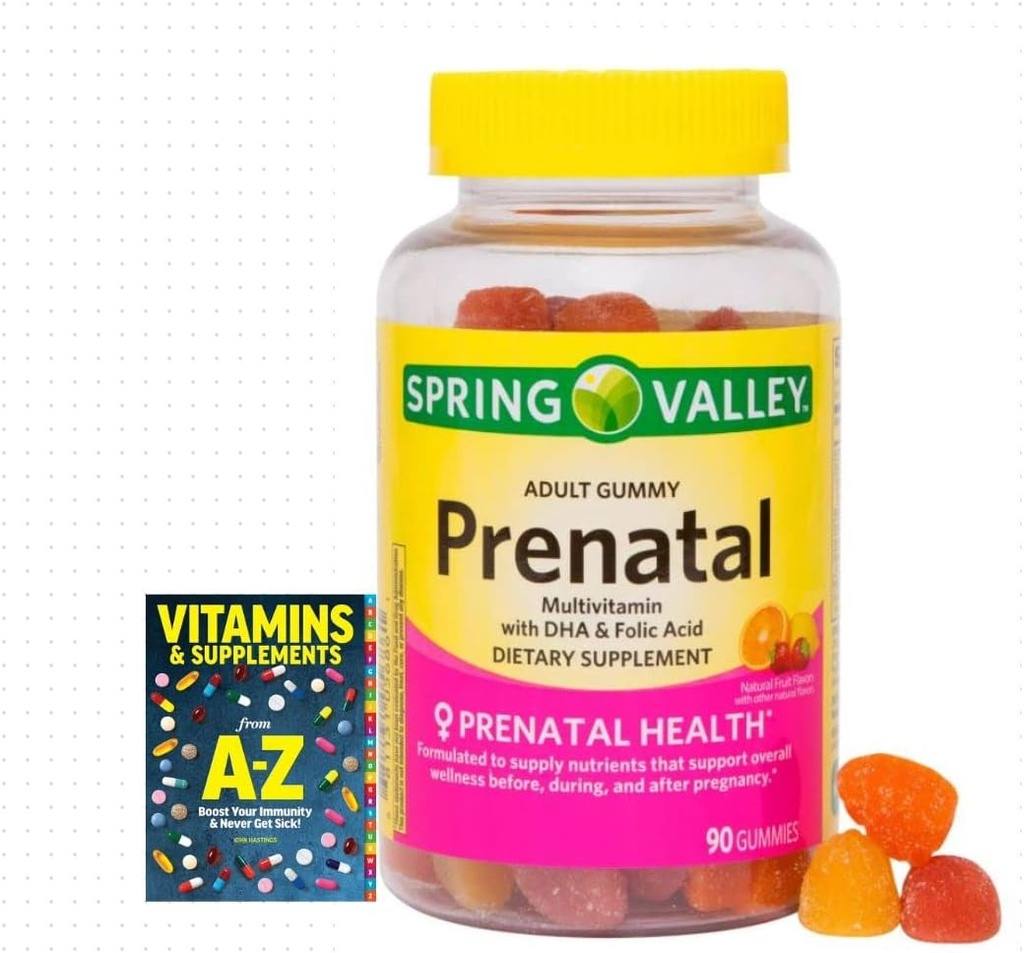 Spring Valley Yetişkin Gummy Prenatal Multivitamin with DHA & Folic Acid, Natural Fruit Flavors, 90 Gummies+ Daha İyi Rehber Vitaminleri Tamamlar
