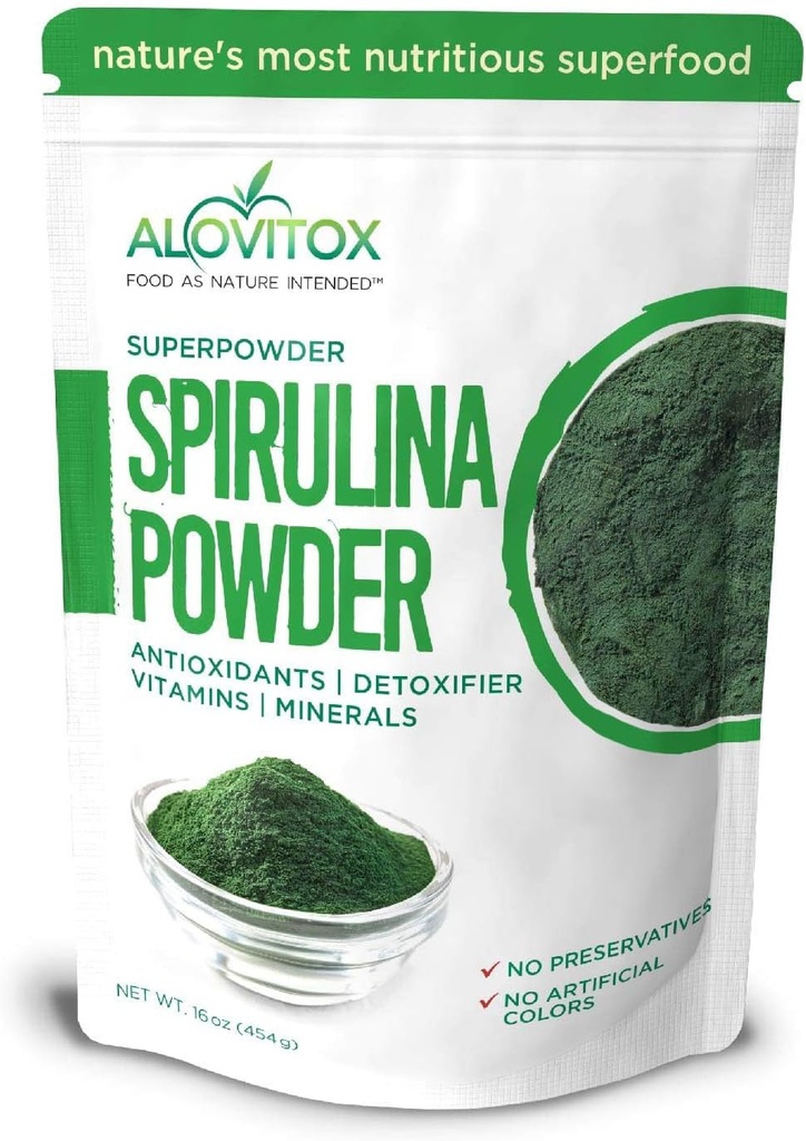 Alovitox Organik Spirulina Toz | Nutrient Dense Superfood with Antioksis, proteinler, A ve B, Fiber, Omegas 3, 6 & 9-% Organik, Katkılar / Renkler, Gluten Free, Vegan, Non-GMO (1 lb)