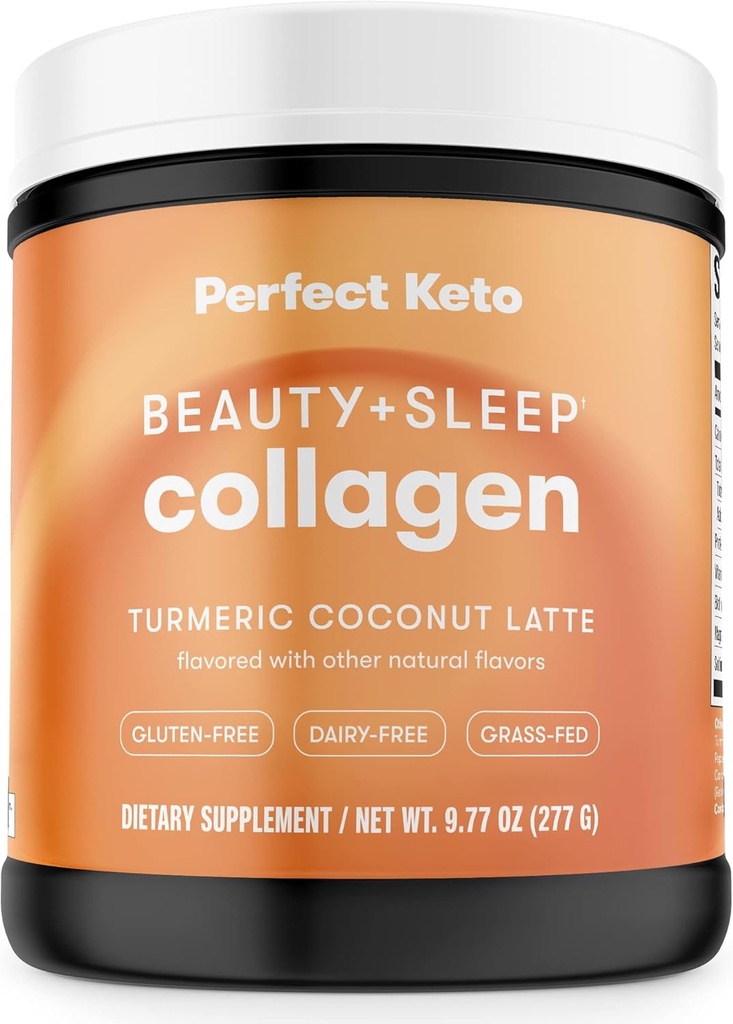 Perfect Keto Beauty + Sleep Grass Fed Collagen Peptides Protein powder with Ashwagandha, Magnesium, Biotin, Hyaluronic Acid, L Theanine, Hair, Skin, Nails & Relaxation Support, Turmeric Coconut Latte